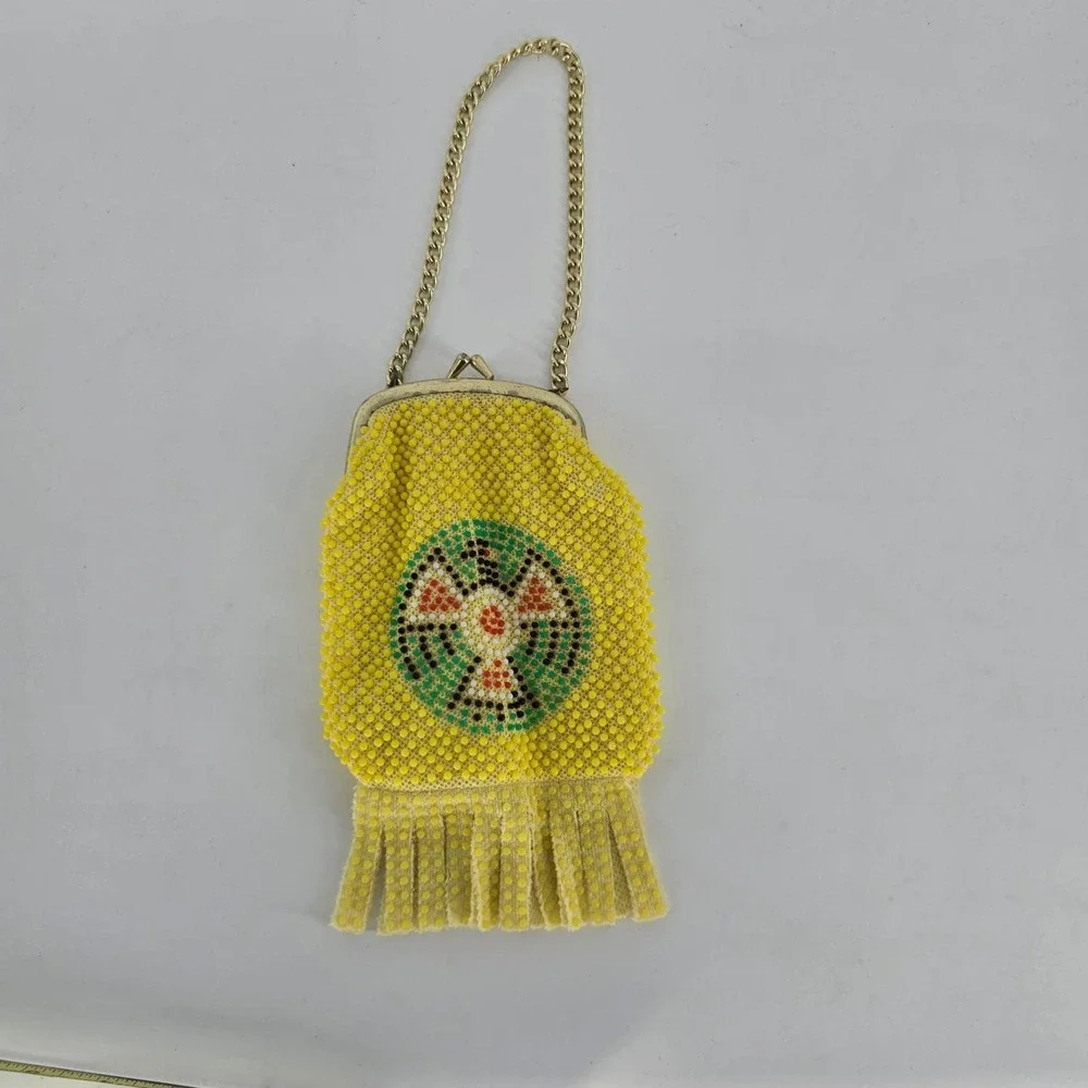 Vintage Thunderbird Indy 500 Beaded Souvenir Purse Yellow Fringe Kiss Lock‎
